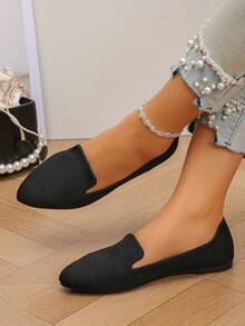 Plus Size 36-45 Fashion Sweet Pointed Toe Flat Shoes, Casual Slip-On, Lightweight, Comfortable, Non-Slip, Low Vamp, Black, Spring/Summer/Autumn - Black Cloth With Fine Lines - View 3