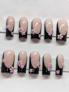 10 miếng dán móng tay hình hoa hồng 3D mini, hình vuông, chiều dài trung bình, kiểu Pháp tối giản màu đen, phong cách Y2K dễ thương, thích hợp sử dụng hàng ngày, móng giả dán, dụng cụ làm móng thủ công. - Nhiều màu - Xem 5
