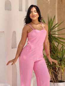 Long Jumpsuit With Straight Cut, Slit, Adjustable Straps, Pockets, And Zipper. Elegant Tailoring. - Hoa hồng - Xem 7