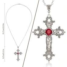 Gothic Cross Necklace Silver-Tone Pendant With Glass Stone, On 25" Steel Chain, Cross Necklace For Women, Large Goth Silver Cross Necklaces For Man, Big Y2k Necklaces, Halloween Jewelry,Red - 紅色 - 查看 3