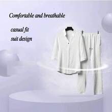 Conjunto de 2 Piezas de Lino para Hombre, Trajes de Vacaciones de Playa de Verano, Camisa de Manga Corta con Botones Informales, Conjuntos de Pantalones Largos Sueltos - 4X Grande + Blanco - Ver 4