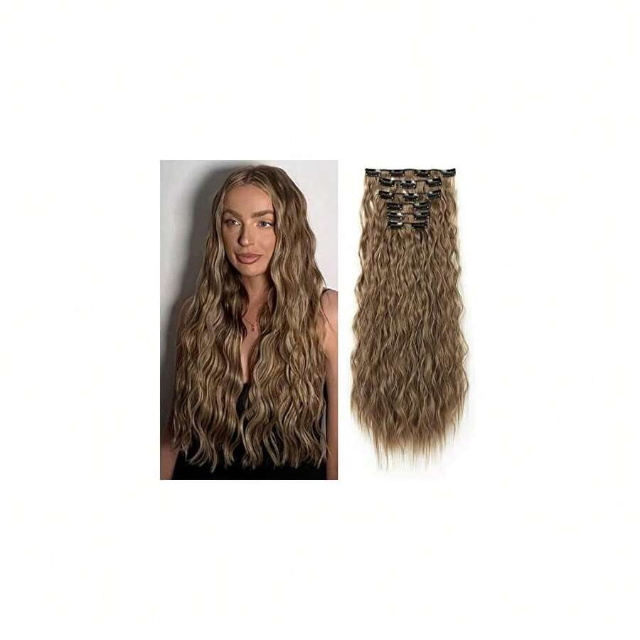 Clip In Hair Extensions, 6PCS Curly 24inch Long Synthetic Clip On Hairpiece For Women-Dark Ash Blonde With Hightlights,DarkAshBlondewithHightlights - 深灰色金髮高光 - 查看 1