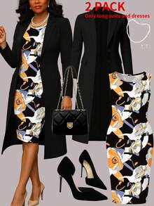 Women Plus Size 2 Pieces Set, Casual Versatile Long Solid Color Cardigan Jacket + Elegant Daily Sleeveless Floral Print Mid-Length Dress, Autumn/Winter - Multicolor - View 7