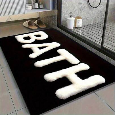 1pc Bathroom Mat- Non-Slip Quick-Dry Modern Letter Pattern, Super Absorbent Shower, Bathtub, Entryway, Laundry Room Easy Clean Decorative Carpet, Black And White Bold Letter Design