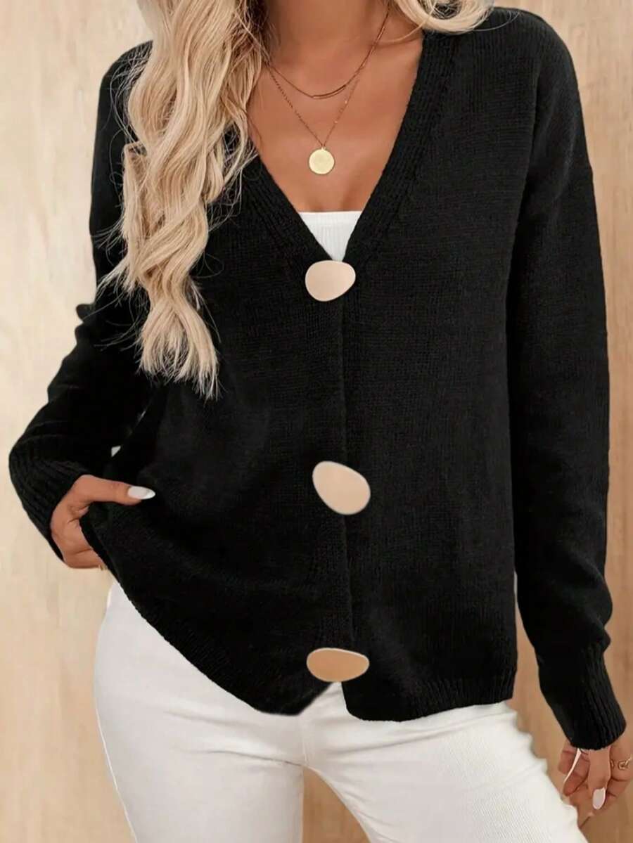 Plus Size Women's Solid Color Drop Shoulder Long Sleeve Casual Knit Cardigan, Pebble Texture Button Sweater, Autumn/Winter - Black - View 1