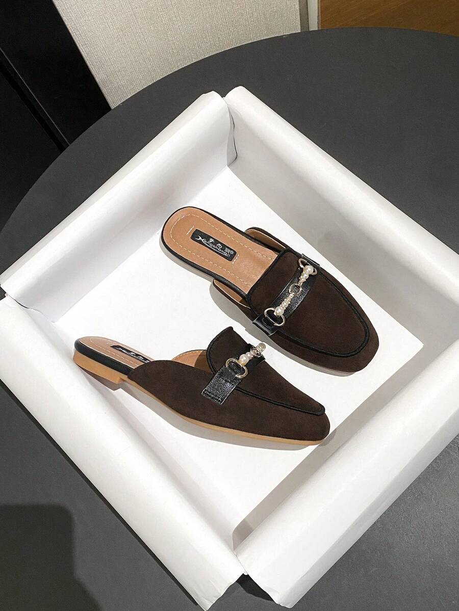 Mengshangli Women's Slip-On Sandals, Woven Texture Base, Bohemian Casual Chic, PU Leather Pearl Decor, Versatile Flat Slides, Beach Party Outdoor Wear, Spring Summer Autumn - Chocolate Brown - View 1