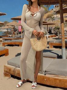 FOR BEAUTY 卡其色新款女士连衣裙，蜜月及婚礼季海滩度假风，性感透视镂空连衣裙，波西米亚风深V领长袖针织罩衫，适合狂欢节、新年、情人节等场合。 - 卡其色 - 查看 5