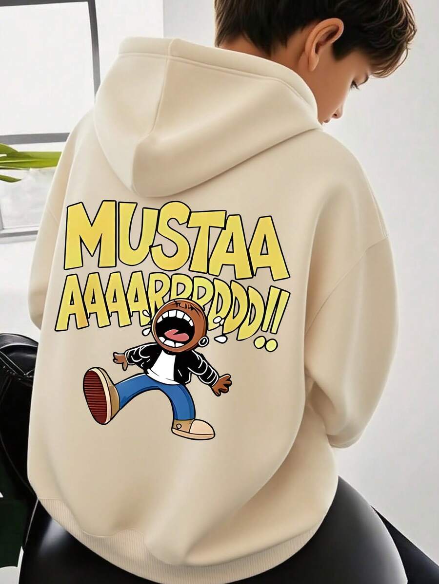 1件青少年男孩活力趣味卡通文字图案卫衣，单人款，适合学校活动。 - 杏色 - 查看 1