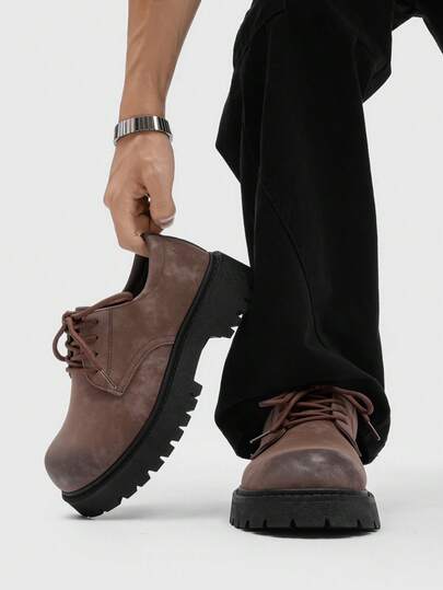 Khaki Thick Sole Derby Shoes, Retro British Style Casual Shoes For Men, Plus Size Versatile Shoes, European And American Ins Same Style, Men's Low-Top Derby Shoes, Low-Top Boots, Men's Retro Work Boots Thick Soles, Business Casual, College Style, Random Distressed Vintage Finish