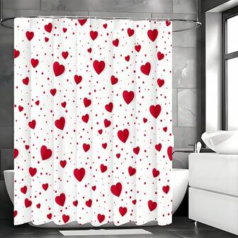 时尚红色爱心图案浴帘，带挂钩 - 防水涤纶材质，四季皆宜，可机洗 - 完美的浴室装饰