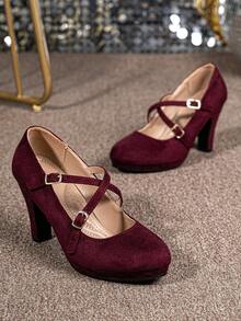 Wide Fit Strap Buckle Thick Heel High Heels, Solid Color Commuter Versatile Professional Party Formal Elegant Pumps - Burgundy - View 5