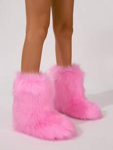 Women's Faux Fur Boots Furry Mid Calf Fur Boots Comfortable Outdoor Flat Shoes Winter Warm Plush Surface Snow Boots - 粉色 - 查看 2