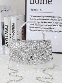 女士晚装包，闪闪发光的时尚手拿包，大容量手提包，奢华的 V 形金属装饰，适合婚礼、派对、聚会、晚会、生日礼物、情人节礼物 - 銀色 - 查看 4