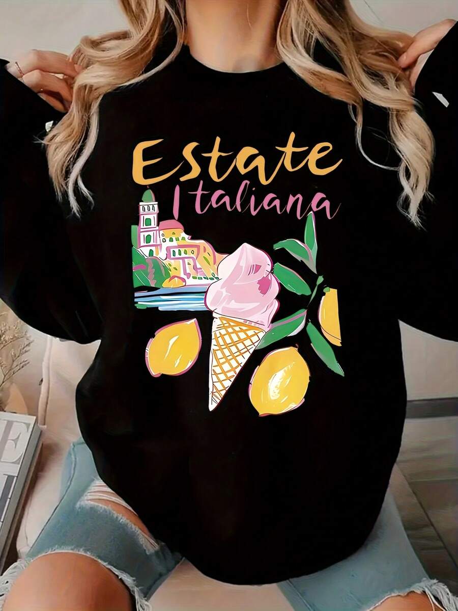 Women's Italian-Themed Black Sweatshirt With Italy Map & Italian Phrases Print (ESTATE Italia, Ciao!) - Soft Round Neck Pullover Sweater For Casual Wear, Travel Souvenir, Or Italian Party Outs - Hine - 黑色 - 查看 1