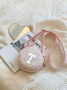 Fashionable Girl's Small Round Shoulder Bag, PU Leather Coin Purse Crossbody Bag With Embroidered Letter - A - View 2