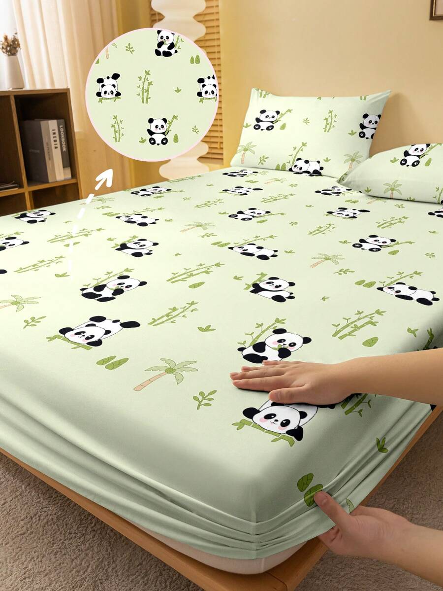 1件卡通熊猫印花磨毛床笠，卧室印花床罩，床上用品（不含枕套） - 彩色 - 查看 1