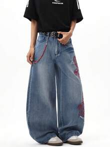 1pc Justice Brother Korean Style Embroidered Casual Versatile Washed Loose Fit Brand Boyfriend Baggy Jeans Pants (This Product Does Not Include Belt Accessories) - Blue - View 7