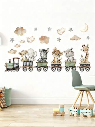 1pc Creative Watercolor Animal Hippopotamus, Zebra, Leopard, Giraffe, Train Pattern Self-Adhesive Wall Sticker, Nursery Decor, Girls/Boys Bedroom, Hallway, Living Room, Balcony Home Wall Decor