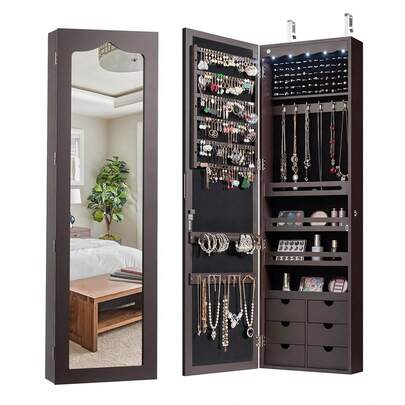 Espejo Organizador con LED,120CM Espejos para Puerta con Joyero,Espejo Joyero,Espejos Organizador de Joyeria,6 Cajas de Almacenamiento 120 * 37 * 8.7CM