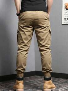 男士休闲户外工装裤，纯色踝部系带抽绳多口袋七分裤，简约百搭，弹性腰带，适合送给丈夫或男友 - 卡其色 - 查看 2