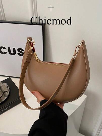 1pc Coffee Brown PU Crescent Shaped Shoulder Bag, Fashionable Minimalist Solid Color, Suitable For Shopping, Wallet, Office, College, Work, Business, Commute, Outdoor Activities, Travel And Picnic, Young Women, College Students, Newbies, And White Collars