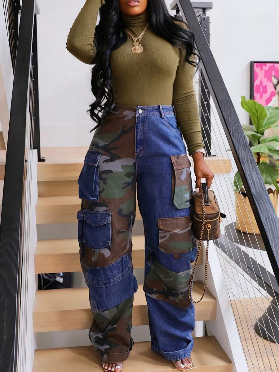 GLOURI Women's Camo & Denim Patchwork Cargo Pants - High Waist Multi-Pockets & Loose Fit | Edgy Street Style For Casual Daily & Outfits (Unique Patchwork & Durable) For Statement-Making Looks - Màu xanh lam - Xem 1