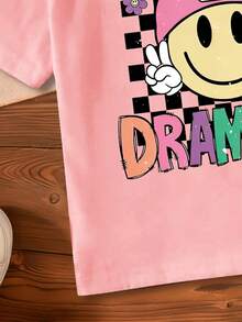 Cartoon Smiling Face Print Short Sleeve Casual T-Shirt - Pink - View 7