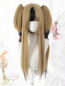 28Inch Black Coffee Blonde Mixed Synthetic Wigs With Bangs And Double Ponytails Long Straight Hair Wig Suitable For Women Heat Resistant Daily Party Christmas Cosplay