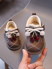 1 Pair Girls Bow Decor Princess Shoes, PU Leather Waterproof Warm Baby Boots, Suitable For Spring, Autumn And Winter