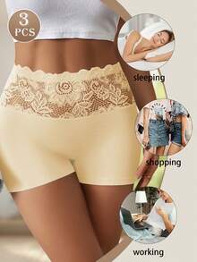 3条装女士蕾丝印花平角内裤，舒适亲肤，贴合曲线，防摩擦 - 彩色 - 查看 3