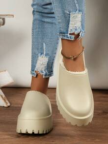 Women's Thick Sole Casual Slippers, Solid Color, Fashionable & Versatile, Thermal Lined For Warmth, Suitable For Indoor/Home Wear, Autumn/Winter - Khaki - View 2