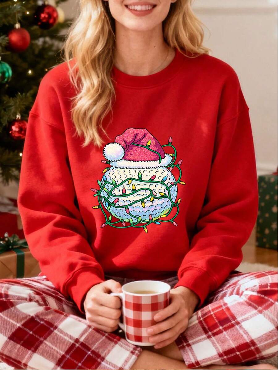 Sweatshirt para Mujer con estampado de bola de golf y gorro navideño, ideal para fiestas navideñas y regalos, cómoda y stylish para el invierno - Rojo - Ver 1