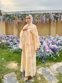 三件套花卉雪纺睡袍套装，优雅时尚睡袍，大码睡袍，带头巾，适合约会、派对和日常穿着。 - 黃色 - 查看 4