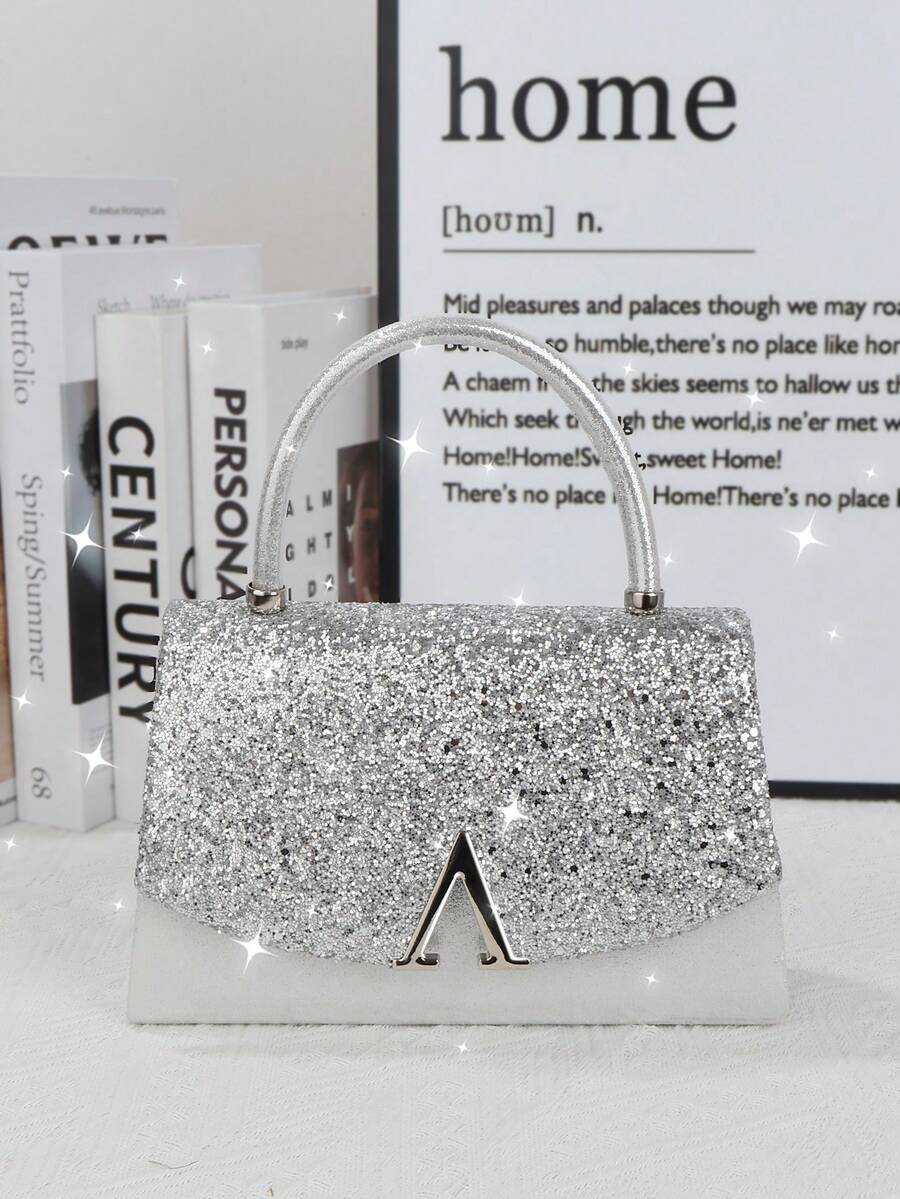 女士晚装包，闪闪发光的时尚手拿包，大容量手提包，奢华的 V 形金属装饰，适合婚礼、派对、聚会、晚会、生日礼物、情人节礼物 - 銀色 - 查看 1