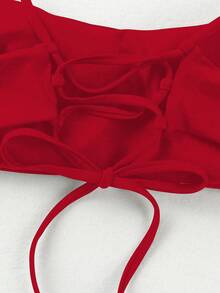 Set Bikini Wanita Terbaru Musim Panas Gaya Liburan Pantai Eropa dan Amerika Elegan Seksi Warna Merah Polos Tanpa Punggung dengan Tali Pengikat - Merah - View 5