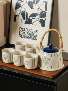 DearDali Original Striped Floral Ceramic Tea Set, Minimalist French Style With Bamboo & Wood Handle Teapot, Household Tea Set For Entertaining Guests Or Personal Use, Living Room Decor Teapot & Cups, Ideal For Tea Lovers