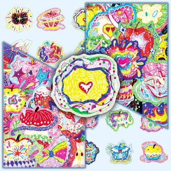 50张全息原创手绘活力苹果卡通可爱多巴胺彩色装饰铅笔盒滑板贴纸