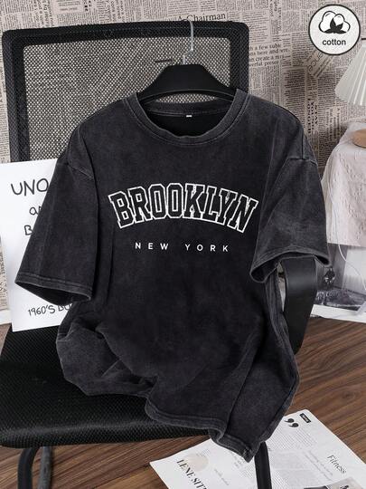 Es Trus 棉质夏季女式趣味印花嘻哈“字母”个性化图案街头风，韩版舒适复古时尚通勤百搭Y2K女装，适合户外休闲，常规小众朋克风黑色修身圆领短袖水洗T恤