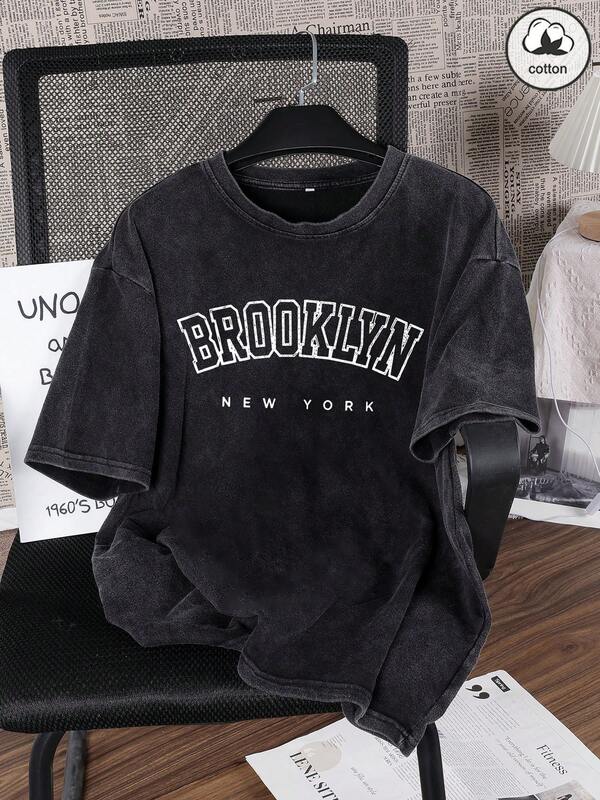 Es Trus Cotton, Summer Women's Fun Print Hip-Hop "Letter" Personalized Pattern Print Street, Korean Version Comfortable Retro Fashion Commuting Versatile Y2k Clothing Women's Clothing, Suitable For Outdoor Leisure, Regular Niche Punk Style Black Well-Fitting Round Neck Short-Sleeved Washed T-Shirt