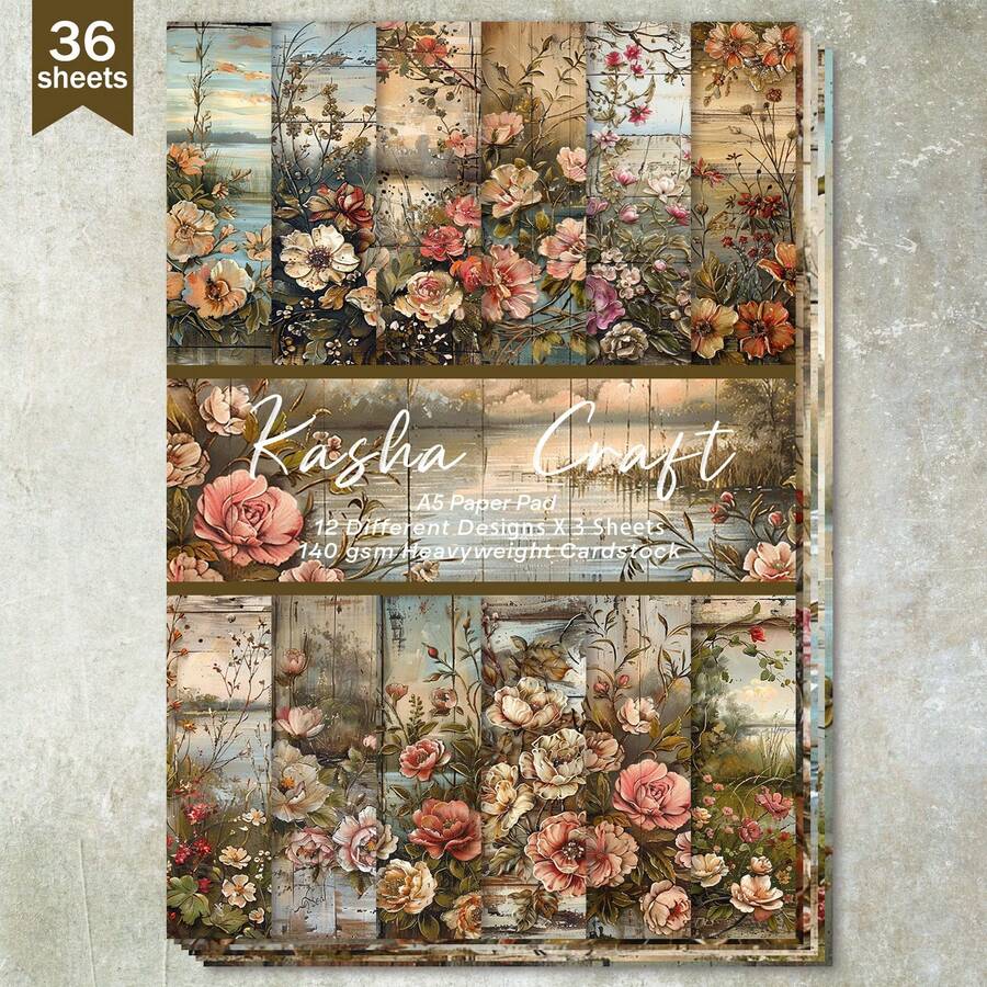 36 tờ giấy nền hoa cổ điển khổ A5 dùng làm sổ lưu niệm, thích hợp cho sổ Bullet Journal, ảnh ghép, thiệp, sổ lưu niệm và đồ thủ công - Nhiều màu - Xem 1