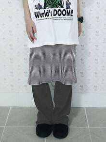 女士条纹仿两件式修身休闲打底裤 - 灰色 - 查看 2