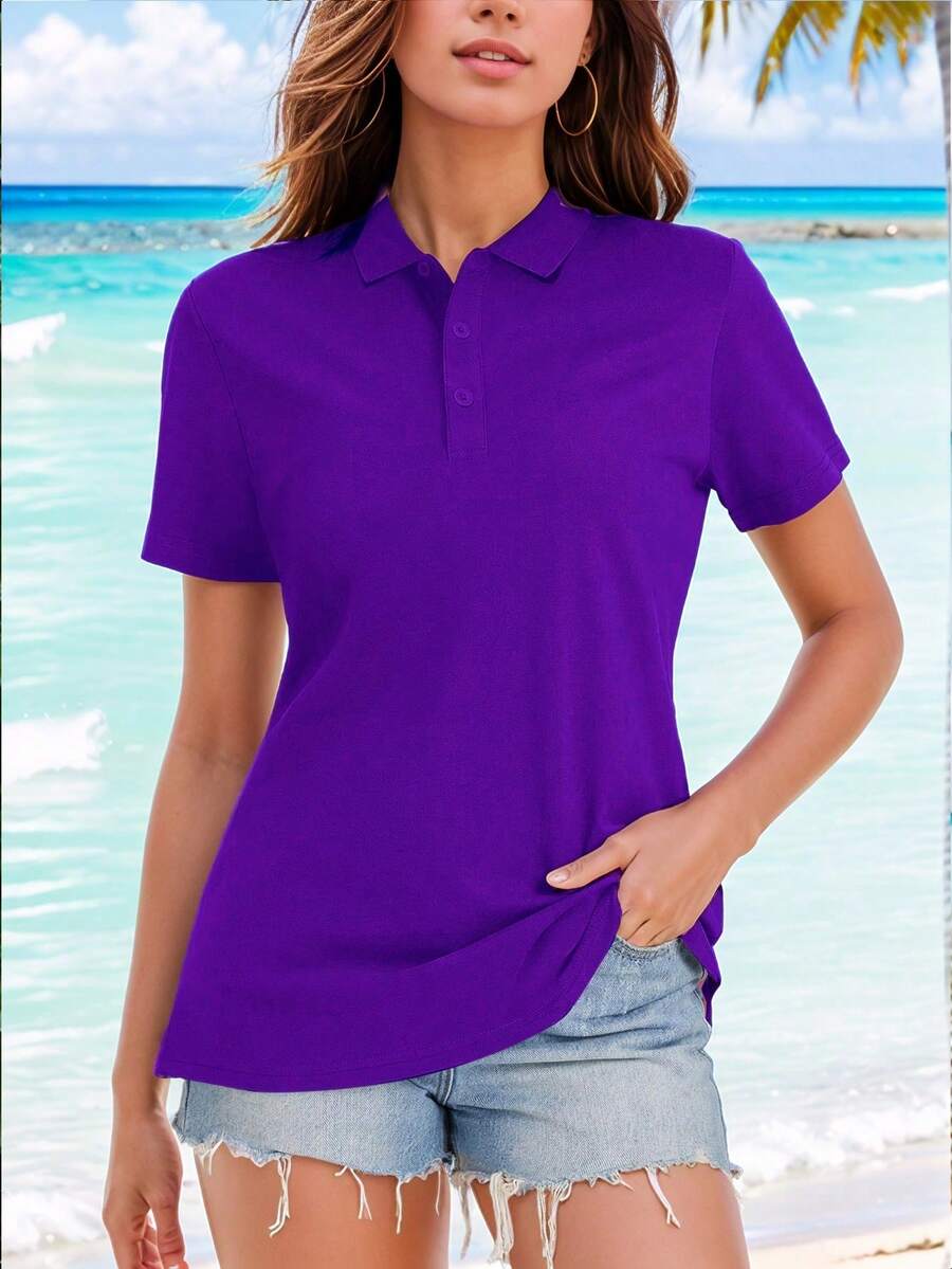 Tricou polo pentru femei, culoare solidă, mânecă scurtă, casual, fitness, exterior, tricou polo de golf cu mânecă scurtă și guler, tricou polo și tricou pentru exterior - Mov închis - Vizualizare 1
