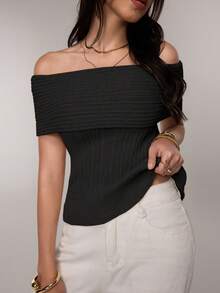 Camiseta de punto de manga corta con un solo cuello, hombros descubiertos, ajustada y casual, de estilo elegante y apropiada para el uso diario, ideal para la temporada de graduación y como prenda esencial para el Año Nuevo - Negro - Ver 4