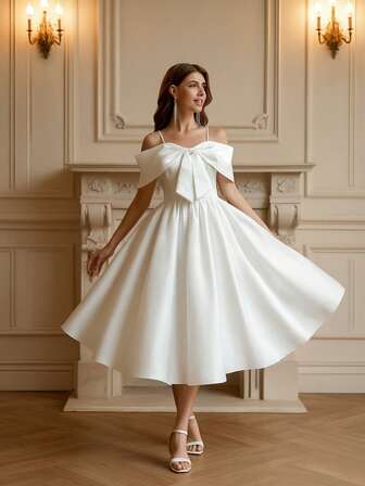 YUMIBRAVO Ballet Style Satin Wedding Dresses For Bride, White Dresses For Women, Ball Gown Dress Christmas Party Dress, Elegant A-Line Party Dresses For Women, Spaghetti Strap Prom Dress For Women Wedding Party