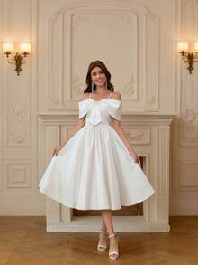 YUMIBRAVO Ballet Style Satin Wedding Dresses For Bride, White Dresses For Women, Ball Gown Dress Christmas Party Dress, Elegant A-Line Party Dresses For Women, Spaghetti Strap Prom Dress For Women Wedding Party - White - View 4