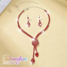 Unicra Silver Rhinestone Bridal Wedding Jewelry Set Crystal Necklace Earrings Sets Formal Prom Costume Jewelry Sets For Women And Brides,Red - 紅色 - 查看 3