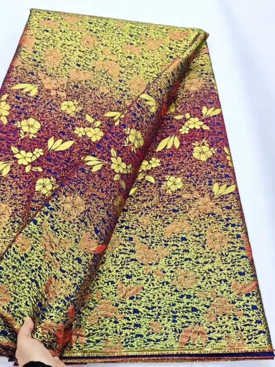 5 Yards/Pc African Jacquard Fabric, Floral Pattern Gold-Plated Lace Fabric, High-Quality Nigerian Sewing Lace Fabric, Fashion Handicraft Material, Suitable For Party Dress, Wedding Gown Sewing, Shiny Fabric, French Red & Blue - Nhiều màu - Xem 1