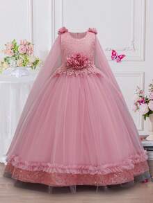 Vestido de tul con flores y lentejuelas para niñas, vestido largo para niñas preadolescentes, vestido de novia de flores, atuendo de alto nivel para actuación en piano, fiesta de cumpleaños, vestido de princesa para niños - Rosa - Ver 9