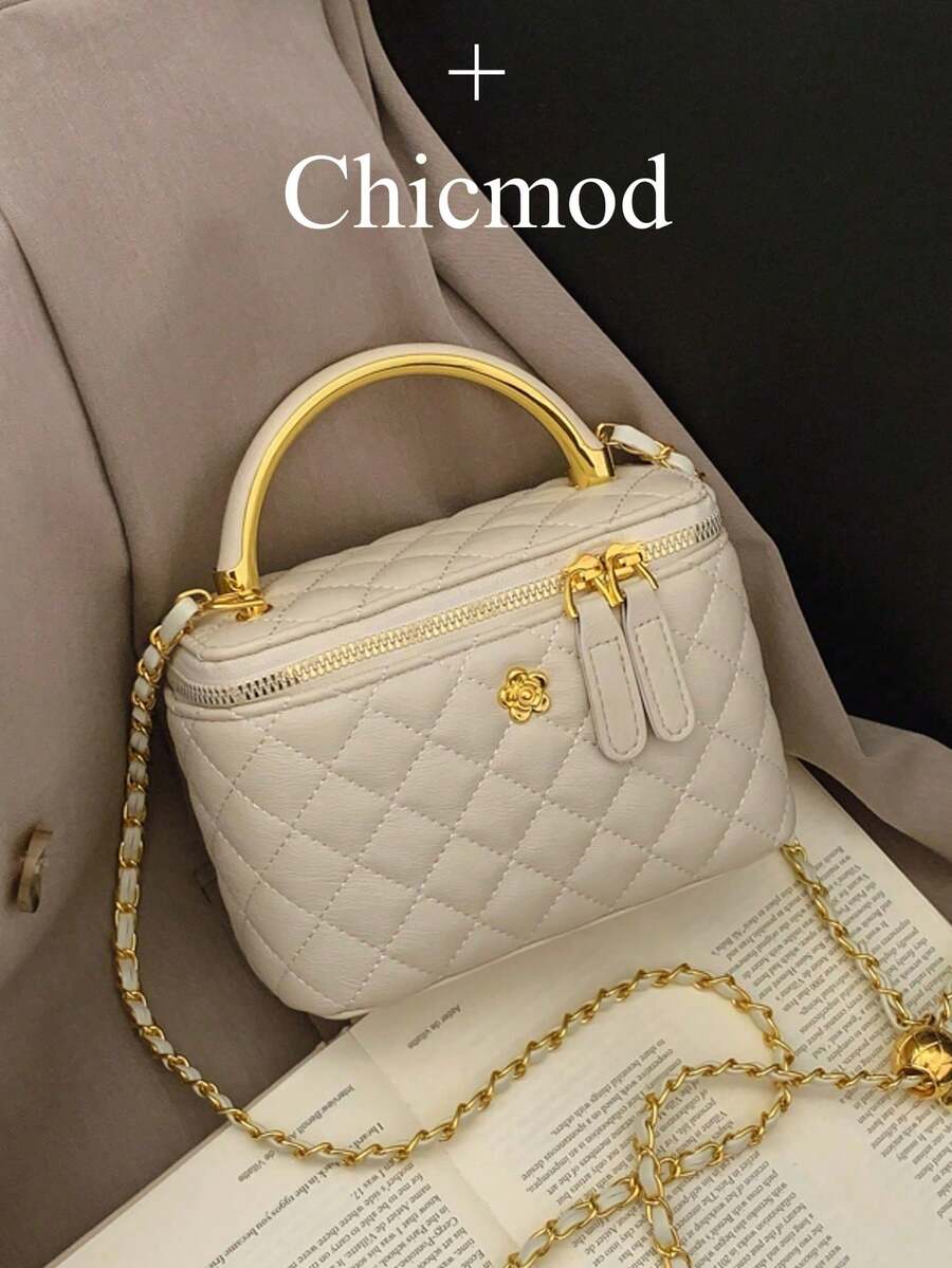 1pc Black Casual Versatile Handheld Small Square Bag, Fashionable Embroidered Checkered Fabric, Suitable For - Beige - View 1