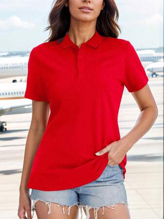 女士纯色短袖日常健身户外POLO衫，休闲工作短袖翻领高尔夫衫，户外POLO衫和T恤